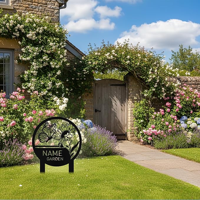 Custom Metal Garden Sign with Stake, Personalized Butterfly Flower Garden Signs for Outside, Customized Garden Name Signs for Yard Lawn Outdoor Decor Gardening Gifts for Moms Grandmas Gardeners