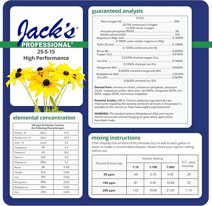 Jack's Professional 25-5-15 High Performance Water-Soluble Fertilizer with Micronutrients for Heavy Feeding Plants in Continuous Liquid Feed Programs, 25lbs