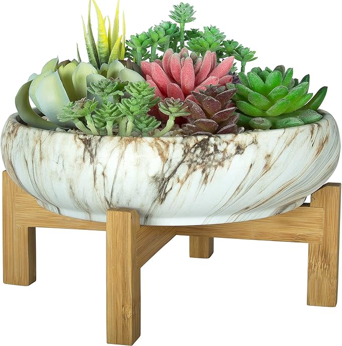 ARTKETTY Succulent Pot, Large Succulent Planters with Stand, 10 Inch Ceramic Bonsai Pots with Drainage Round Marble Cactus Flower Plant Bowl for Indoor/Outdoor