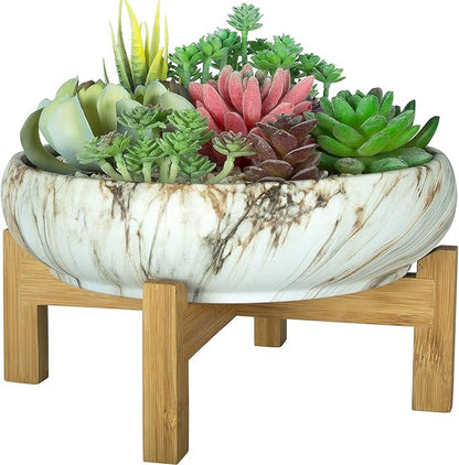 ARTKETTY Succulent Pot, Large Succulent Planters with Stand, 10 Inch Ceramic Bonsai Pots with Drainage Round Marble Cactus Flower Plant Bowl for Indoor/Outdoor