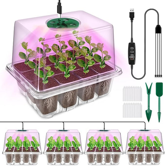 YAUNGEL Seed Starter Tray with Grow Light, 4 Pack Seed Starter Kit with Timing Controller Adjustable Brightness, Thicken Seedling Starter Trays with Humidity Domes Heightened Lids, Transparent