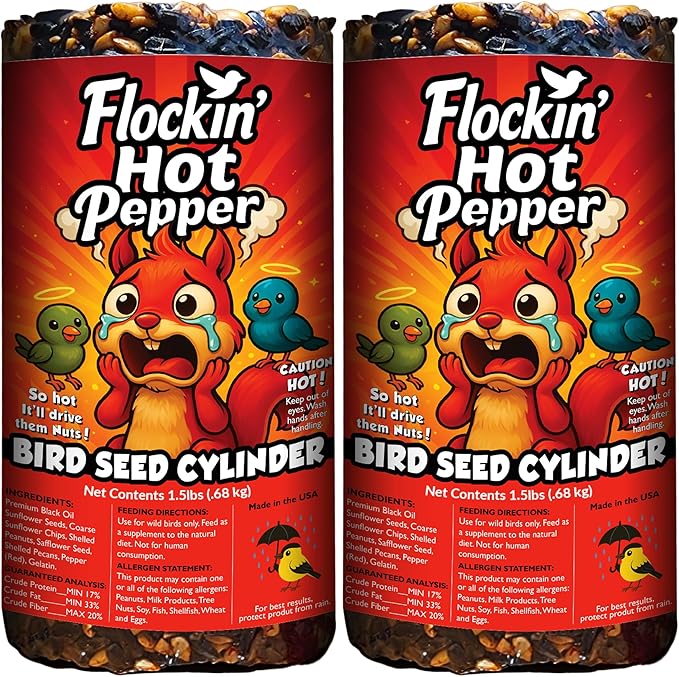 Hot Pepper Bird Seed Cylinders with Hole – Squirrel Proof Bird Seed Spicy – Perfect for Cardinals, Woodpeckers, Finches, Blue Jay & More – Wild Birdseed with No Filler – USA Made (6" x 7.75") 2pk