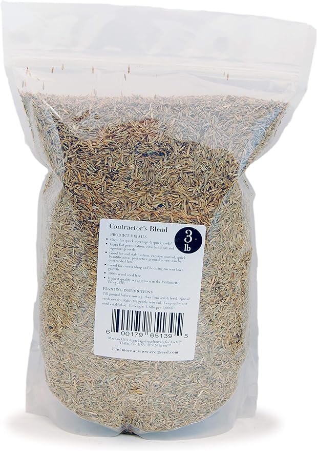 Contractor’s Grass Seed Blend by Eretz (3lb) - Choose Size! Willamette Valley, Oregon Grown. Premium, Number 1 Seeds Only! No Weed Seeds or Fillers
