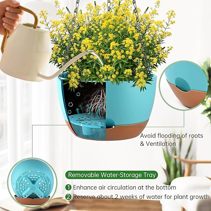 Hanging Planters for Indoor Plants, Set of 2 8/10 Inch Self-Watering Hanging Pots with Drainage Hole & Removable Water-Storage Tray II Screw-in Hooks II