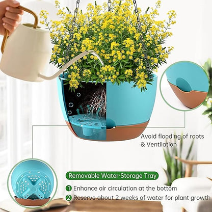 Hanging Planters for Indoor Plants, Set of 2 8/10 Inch Self-Watering Hanging Pots with Drainage Hole & Removable Water-Storage Tray II Screw-in Hooks II