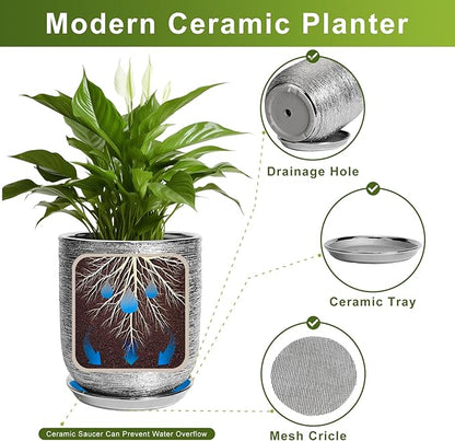 12 Inch Plant Pot - Ceramic Planter for Indoor Outdoor Plants, Modern Round Decorative Flower Pot with Drainage Hole and Saucer, Housewarming Gifts, Home Patio Decor, Silver