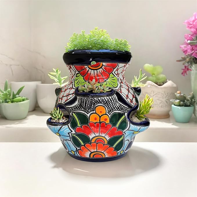 Evergreen Garden Talavera Mexican Strawberry Pottery Ceramic 10 inch Plant Pots | Flower Pots for Indoor Plants | Succulent Planters (10 in. Sky Blue)