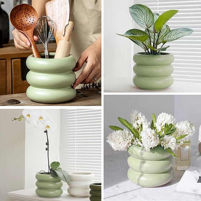 Boho 6.5 Inch Modern Ceramic Plant Pot - Green Glaze Succulent Planter with Drainage Holes, Cute Bubble Porcelain for Indoor Herbs, Snake Plants, and Home Decor