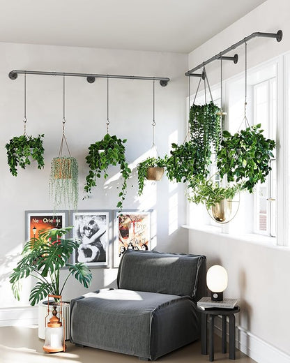Plant Haning Rod, 2 Pack Hanging Planters for Indoor Plants with 6 Chains, Wall Plant Hanging Bar for Window Celling, 65.7 Inch, Metal Black, Pots Not Included