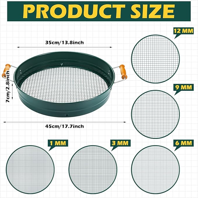 Soil Sifter for Gardening with 1, 3, 6, 9, 12 mm Sieve Mesh Compost Dirt Sifter with Handle Large Garden Sand Soil Rock Sieve 17.7" l x 13.8" W for Sand Rocks Pellet Gravel (Green)
