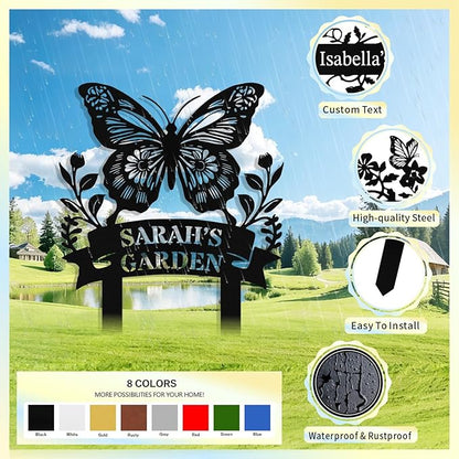 Custom Metal Butterfly Garden Sign with Stake, Personalized Garden Signs for Outside, Customized Garden Name Signs for Yard Lawn Outdoor Decor Gardening Gifts for Moms Grandmas Gardeners