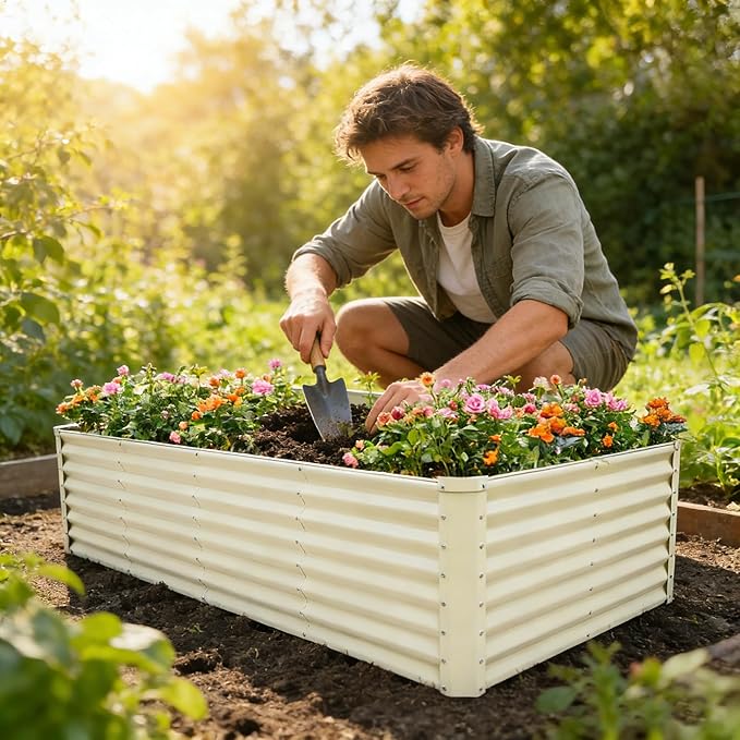 GARDMAX 8x4x2FT Galvanized Raised Garden Bed Kit, Metal Planter Boxes Outdoor with Easy Assembly, Large Garden Bed for Vegetables, Fruits, Flower, Herbs Rectangle Milk White