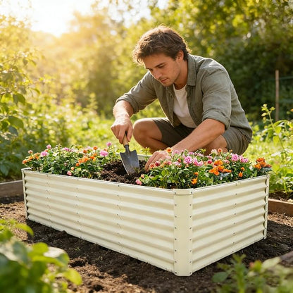 GARDMAX 8x4x2FT Galvanized Raised Garden Bed Kit, Metal Planter Boxes Outdoor with Easy Assembly, Large Garden Bed for Vegetables, Fruits, Flower, Herbs Rectangle Milk White