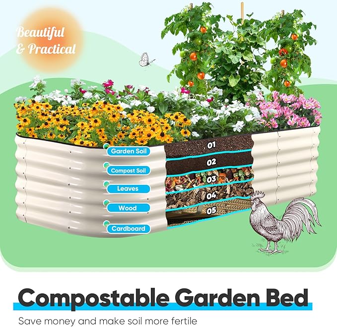 Quictent Galvanized Raised Garden Bed Kit Tall, 6x3x1.5 ft Oval Large Planting Box Strengthened by Crossbar, for Vegetables Outdoor, Beige