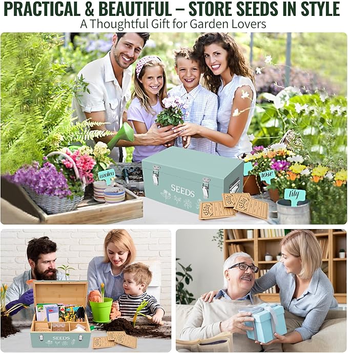 Large Bamboo Wood Seed Storage Organizer Box with Lid, Double-Layer Seal Design Seed Saving Box with 304 Stainless Steel Safety Lock, Handles, Extra Seed Envelopes and Labels, Great Gifts for Gardener