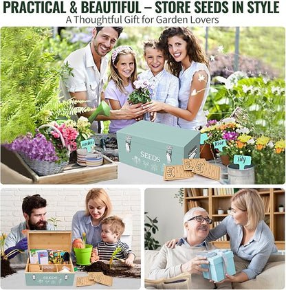 Large Bamboo Wood Seed Storage Organizer Box with Lid, Double-Layer Seal Design Seed Saving Box with 304 Stainless Steel Safety Lock, Handles, Extra Seed Envelopes and Labels, Great Gifts for Gardener