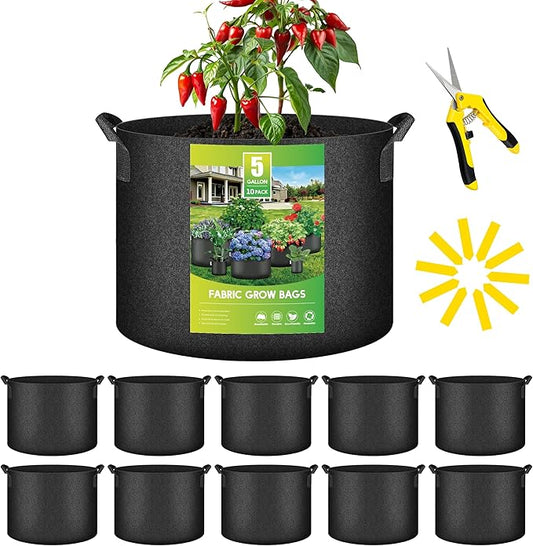 YSSOA 10-Pack Fabric Grow Bags 5 Gallon with Pruner, 300G Thickened Nonwoven Plant Growing Pots with Handles, Planting Bags for Vegetables, Black