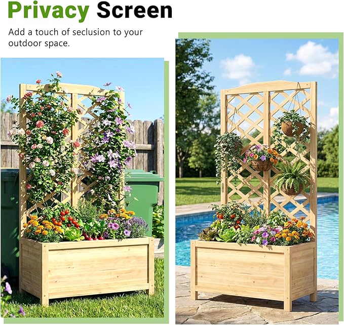 DoCred Raised Garden Bed with Trellis, 30" L x 16" W x 59" H Freestanding Elevated Planter Box for Climbing Plants, Outdoor Wooden Privacy Screen with Garden Box for Backyard Patio Balcony Decor