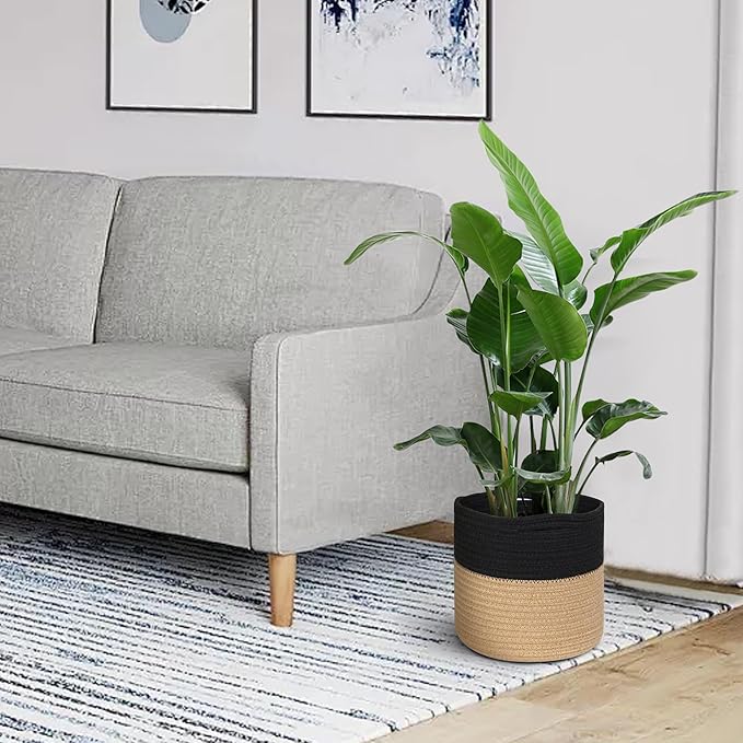 Wicker Plant Basket Indoor, 8"x8"x8" Jute Spliced Cotton Rope Basket Planter up to 7" Pot, Modern Woven Flower Tree Pots Cover, Small Floor Indoor Planters, Home Decor Storage Bin
