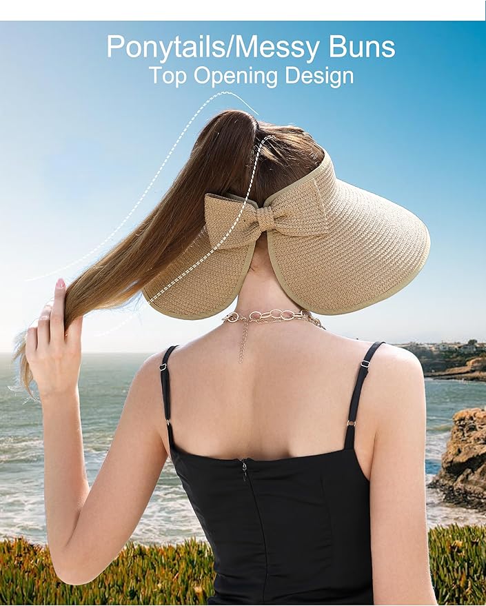 Womens Beach Straw Sun Hats Ponytail Hole Wide Brim Summer Visor Foldable Hat Sun Protection Packable for Travel Pool