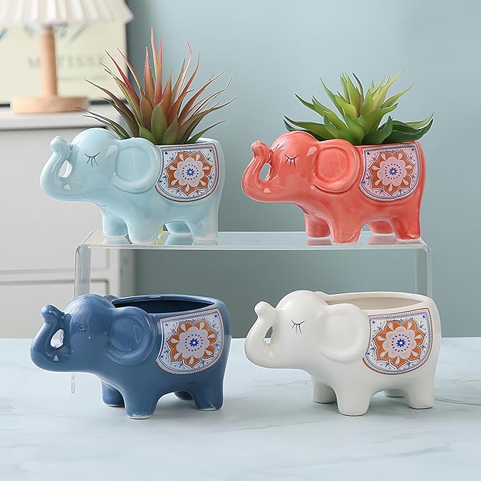 Cute Animal Elephant Shaped Ceramic Succulent Cactus Air Plant Flower Pots Planters-Plant Not Included (Deep Blue)