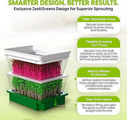 2-Tier Stackable Sprouting Kit with Sink Drain Spout & Ventilated Trays – Modular Seed Sprouter & Microgreens Germination System for Growing Broccoli, Alfalfa & Bean Sprouts.