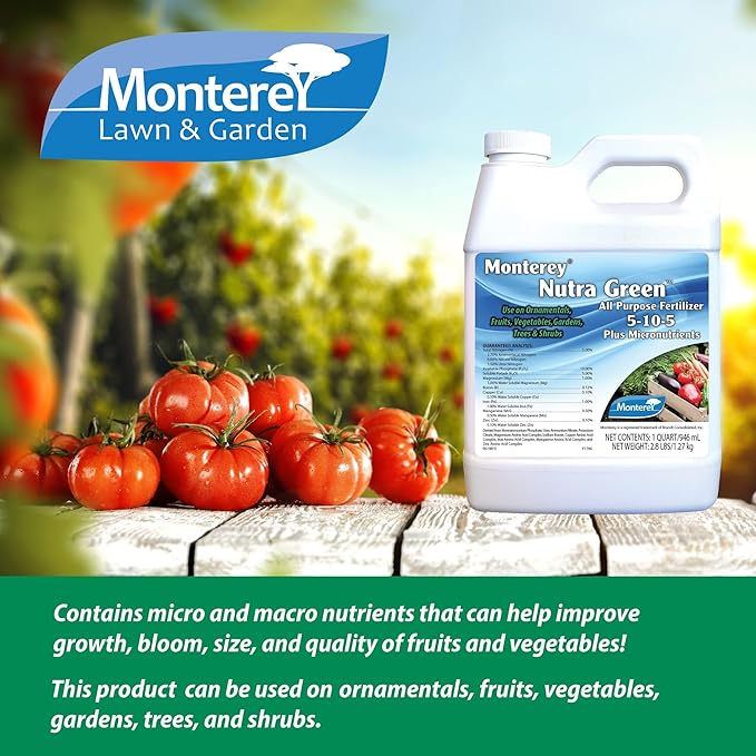 Monterey Nutra Green 5-10-5 + Micronutrients, Fertilizer for Ornaments, Fruits, Vegetables, Gardens, Trees & Shrubs, 1 Quart, Apply with Sprayer