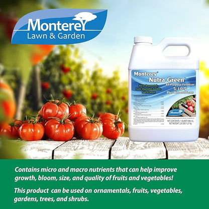 Monterey Nutra Green 5-10-5 + Micronutrients, Fertilizer for Ornaments, Fruits, Vegetables, Gardens, Trees & Shrubs, 1 Quart, Apply with Sprayer