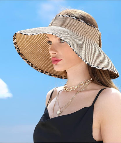 Womens Beach Straw Sun Hats Ponytail Hole Wide Brim Summer Visor Foldable Hat Sun Protection Packable for Travel Pool