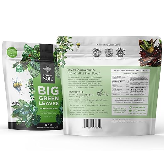 Big Green Leaves Indoor Plant Food – 4X Concentrated Houseplant Fertilizer with Sea Kelp – Makes 90 Gallons – Fast-Acting Mineral Formula, Made in USA (1 lb)