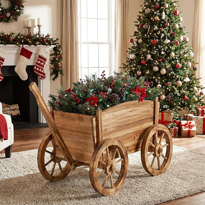 Giantex Wood Wagon Planter, Rustic Rolling Flower Pot Stand with Wheels, Handle & Drainage Hole for Growing Vegetables Herbs, Indoor Outdoor Decorative Cart for Patio Balcony Garden