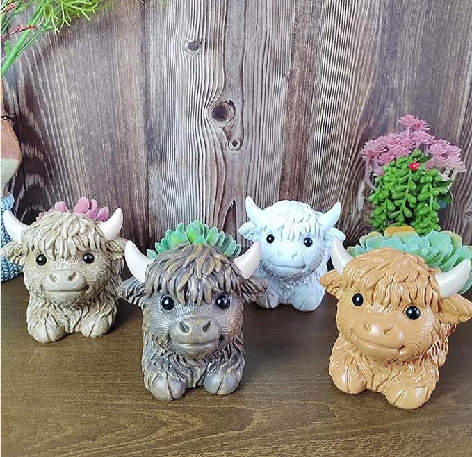 Resin Highland Cow Figurines Succulent Planters Cactus Pot Animal Flower Container Cute Scottish Highland Cow Decor Flower Pot Plants Holder Figurine Decor Calf Statues Gift for Cow Lovers (B, 1PCS)