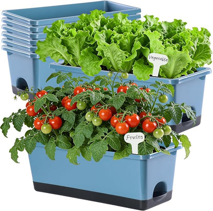 Window Box Planter 8 Pcs, 17 Inches Rectangle Flower Pots with Drainage Holes and Trays, Vegetable Planters for Windowsill Patio Garden Balcony Home Porch Yard Indoor Outdoor (Blue)