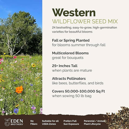 Eden Brothers Western Wildflower Mixed Seeds for Planting, 50 lb, 24,000,000+ Seeds with Cornflower, Blanket Flower | Attracts Pollinators, Plant in Spring or Fall, Zones 3, 4, 5, 6, 7, 8, 9, 10