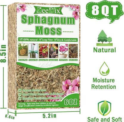 ZeeDix 6 oz Sphagnum Moss for Plants Indoor, Long Fiber Natural Orchid Moss for Repotting Carnivorous Plants, Succulents, Monstera, Flower & Reptile Terrariums Habitats (Expands to 8 qt)