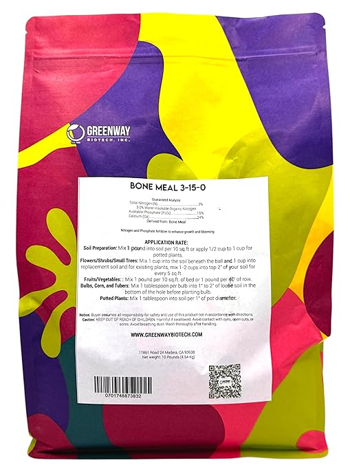 Greenway Biotech, Inc. Bone Meal Fertilizer 3-15-0 Plus 24% Calcium for Plant’s Strong Root Development- Plant Food Source of Nitrogen and Phosphorus for Gardening, Flowering Plants - (10 Pounds)