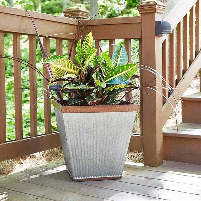 Southern Patio HDR 046851 16 inches Square Rustic Plastic, Indoor, Outdoor Garden Planter, Urn Pot for Flowers, Herbs, Galvanized