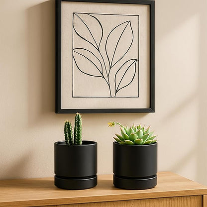 Phoenix Vine 4 Inch Planter Pot with Drainage Hole & Saucer, Deep Water Catch Tray, Straight Cylindrical Round Pot for Plants, Matte Black, Pack of 3, 23-C-R-3