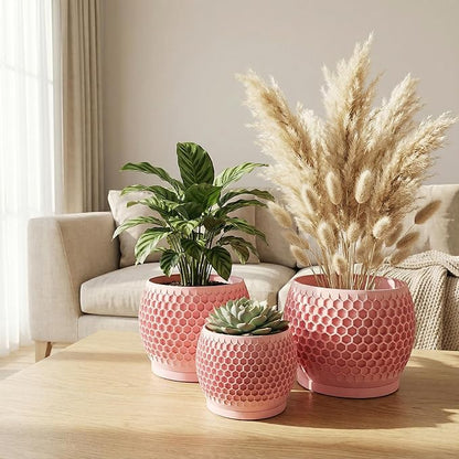 Plant Pots, Modern 3D Printed Honeycomb Planters for Indoor Plants, 4.7/6/8 Inch Cherry Pink Decorative Flower Pot for Office Desktop, Bookshelf & Home Decor, Lightweight & Durable.
