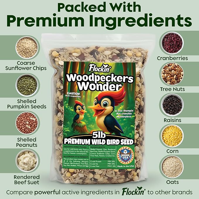 Woodpecker Bird Seeds for Outside Wild Birds - Premium Woodpecker Food with Sunflower Chips, Peanuts & Suet - Attract Woodpeckers & Songbirds - Bird Food for Outside Wild Birds - No Fillers (5LBS)