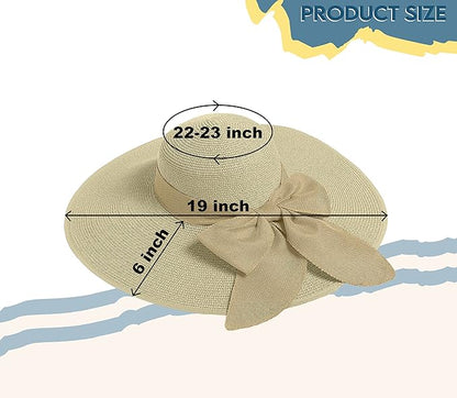 Women's Wide Brim UPF 50+ Straw Sun Hat with Bow - Foldable Packable Summer Beach Hat with Chin Strap