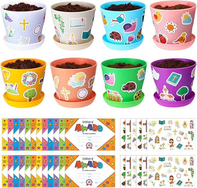 Domensi 30 Set Flower Pot Craft for Kids Bulk Spring Craft 4 Inch Garden Plastic DIY Plant Pot with Tray 30 Sheet Christian Sticker and 30 Certificates Card for Classroom School Mother's Day(Colorful)