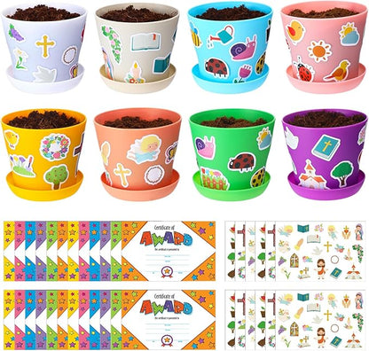 Domensi 30 Set Flower Pot Craft for Kids Bulk Spring Craft 4 Inch Garden Plastic DIY Plant Pot with Tray 30 Sheet Christian Sticker and 30 Certificates Card for Classroom School Mother's Day(Colorful)