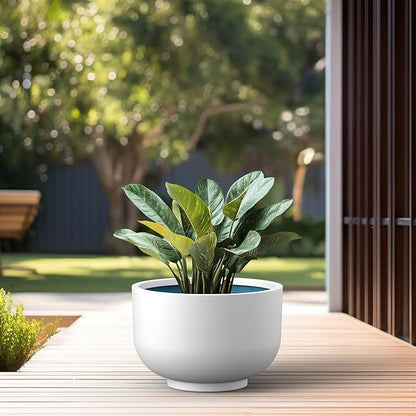 Kante 17.7 Inch Dia Concrete Bowl Planter, Large Tapered Bottom Plant Pot with Drainage, Smooth White Finish with Painted Interior, Ideal for Porch, Home, Garden, Patio