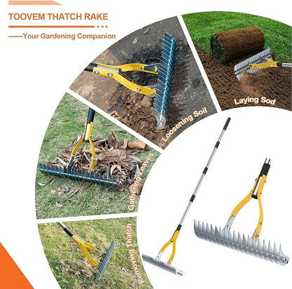 TOOVEM Thatch Rake, 15-inch Lawn Thatching Rake with Heavy Duty Steel Tines & Ergonomic Handle, 70-Inch Professional Dethatching Rakes for Effective Lawn Care, Garden & Yard Tool