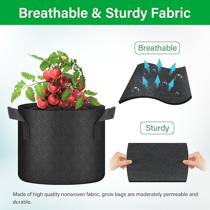 YSSOA 5-Pack 5 Gallon Grow Bags, Aeration Nonwoven Fabric Plant Pots with Handles, Heavy Duty Gardening Planter for Potato, Tomato, Vegetable and Fruits, Black 2024 Version