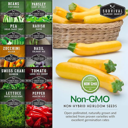 Easy to Grow Vegetable & Herb Seed Collection - 10 Packs of Non-GMO Heirloom Open-Pollinated Veg & Herb Essentials for Gardening Beginners - Seed Saver Instructions on Packets - Survival Garden Seeds