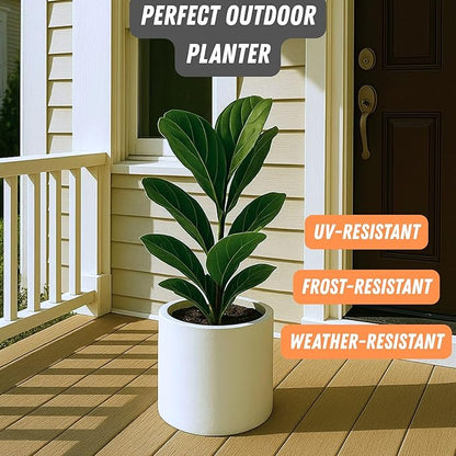 Fox & Fern 10 Inch Plant Pot with Hidden Saucer — Premium Lightweight Fiberstone Matte White Self Watering Planter with Seamless Saucer - Indoor & Outdoor Use - Weather Resistant & UV Resistant