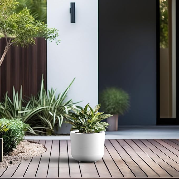 Kante Round Concrete Planter, 11 Inch Dia Classic-Style Large Pot with Drainage, White Finish with Painted Interior, for Indoor & Outdoor Plants, Home, Patio and Garden