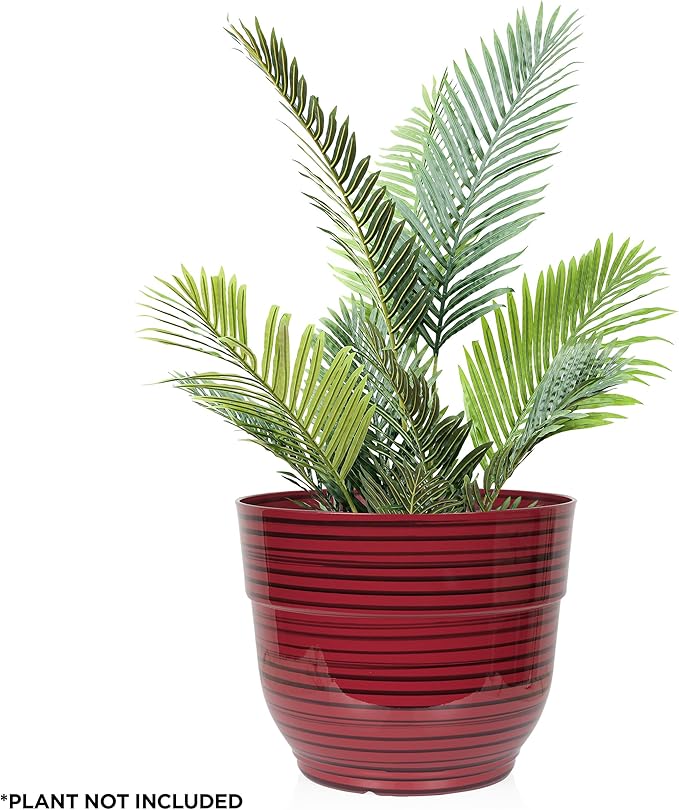 Alpine Corporation TWM120RD Indoor/Outdoor 13" Round Striped Planter, Glossy Planter with Drainage Hole and Plug, Red